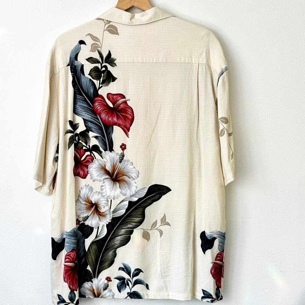 Iolani Mens XL Hawaiian Shirt Cream Floral Hibiscus Graphic Camp Aloha Top - Picture 7 of 11